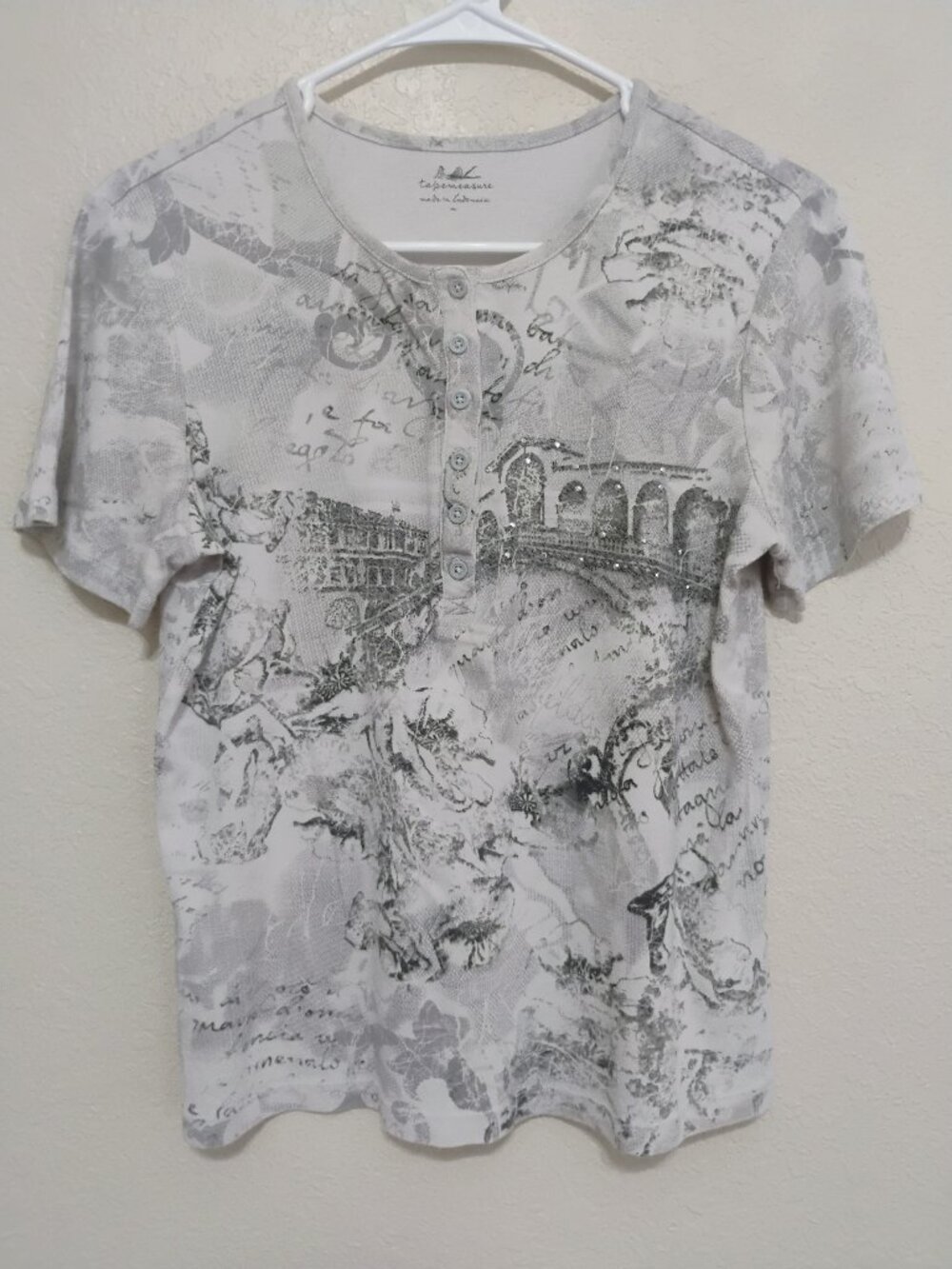 Tapemeasure M Gray Graphic Henley Tee Rhinestone Art Print Cotton Top